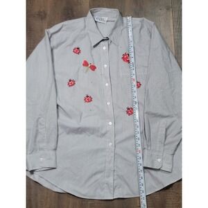 Las Olas Grey Striped Ladybug Dragonfly Embroidered Button Down Shirt XL